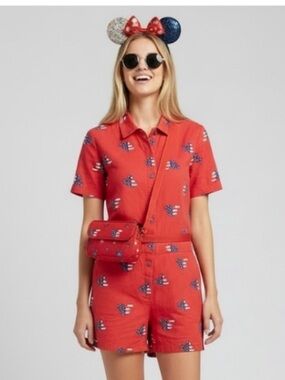 Disney utility red white blu cotton mickey mouse shorts romper jumpsuit vacation